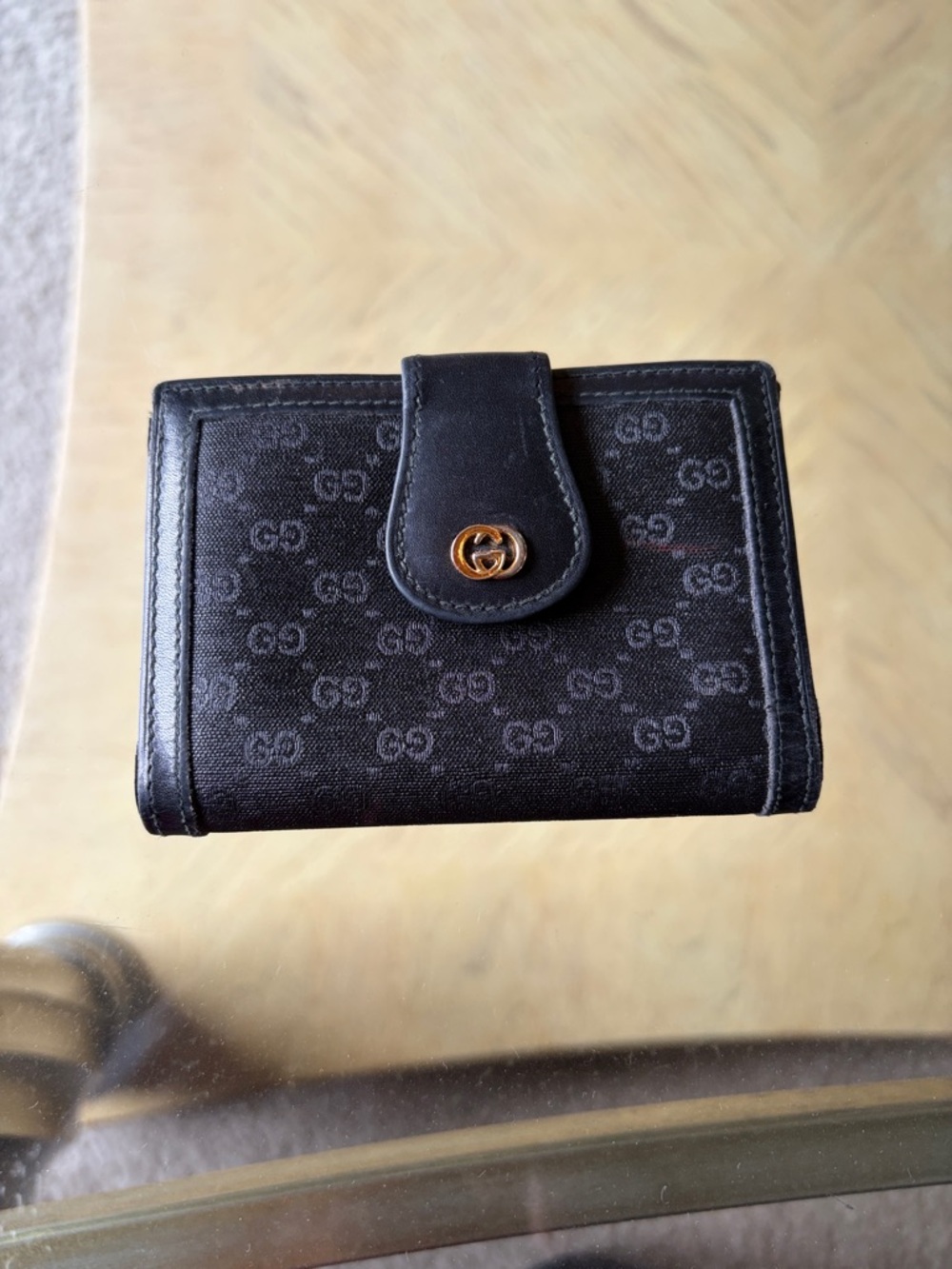 Gucci Black GG Monogram Compact Snap Wallet with Gold GG Accent